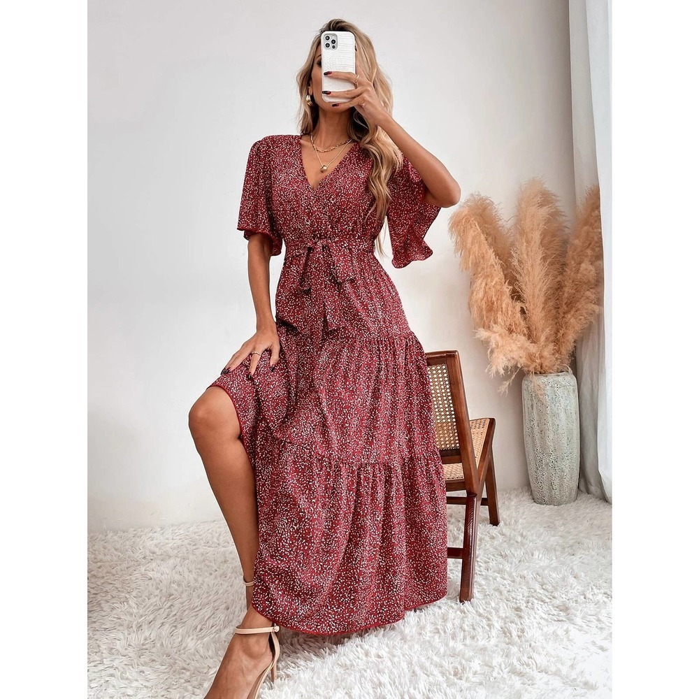 polka dot Short Sleeve Ruffle Hem Belted maxi Dress red - Picture 4 of 6